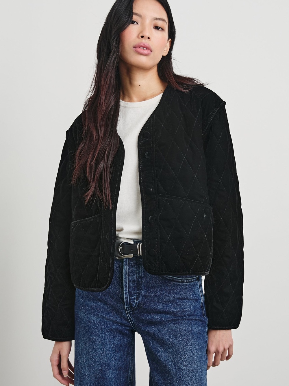 Rails Black Quilted Collarless Bomber Jacket